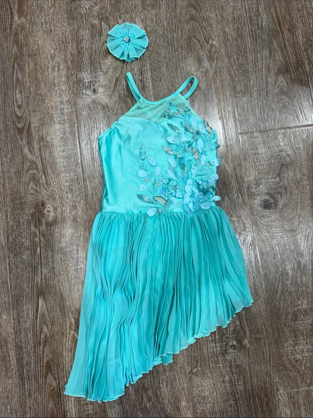 Girls Aqua Floral Asymmetrical Dance Dress with Hair Clip